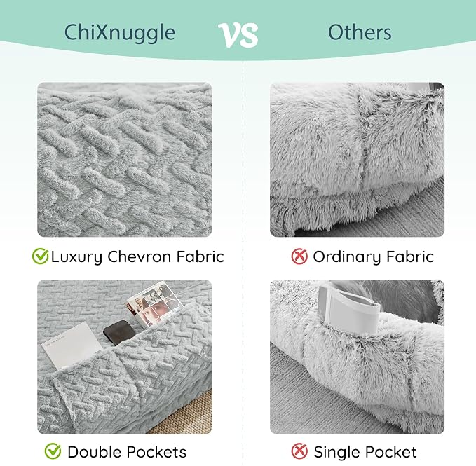 ChiXnuggle Orthopedic Human Dog Bed,with Faux Fur Washable Cover,Blanket | light grey,72*40*10,giant dog bed for adult or extra large dogs,egg crate foam,non-slip bottom