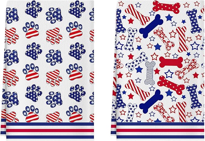 XCHI Dog Paws Bones Stars America Patriotic 4th of July Memorial Day Independence Day Kitchen Towels Dish Towels 18x26 Inch Home Decorations Hand Towels Set of 2 Drying Dishcloth