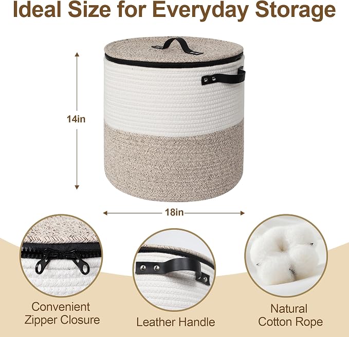 Storage Basket with Lid, 18"x14" Large Woven Blanket Storage for Living Room, Round Cotton Rope Bin with Zipper Top, Shoe Basket with Lid for Entryway, Floor Kids Dog Toy Bin Box with Cover