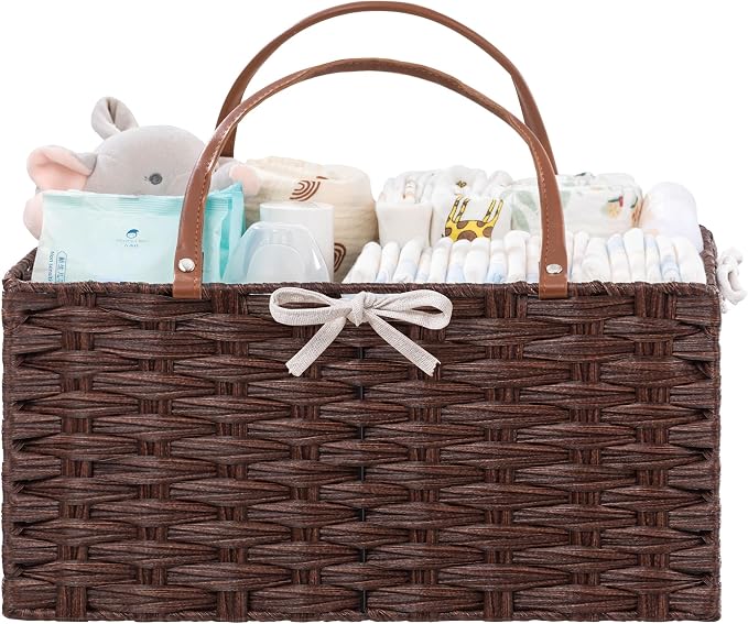HBlife Large Diaper Caddy Organizer, Washable Waterproof, Portable Plastic Wicker Woven Basket with Divider, Nursery Diaper Station, Baby Shower Gifts Basket & Car Organizer