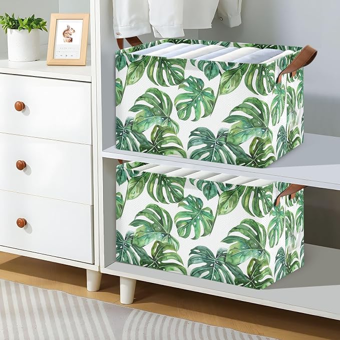 Green Tropical Leaves Spring Summer Leaf Storage Bins for Shelves with Labels&Handles Fabric Organizer Bin Foldable Rectangle Storage Basket Boxes for Closet, Bathroom, Home, Living Room