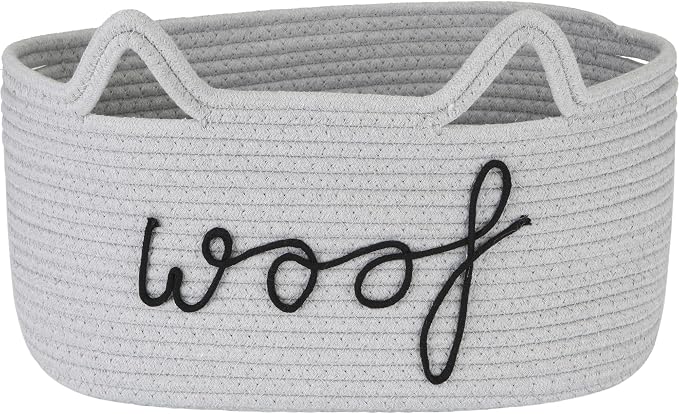 Sea Team Dog Toy Storage Basket with Handles and Ears, Gray Woof | Large Cotton Rope Storage Bin, Shelf Basket, Organizer for Pet Chew Toys, Foods, 16.5 x 11 x 7 Inches, 4.4 Gallons