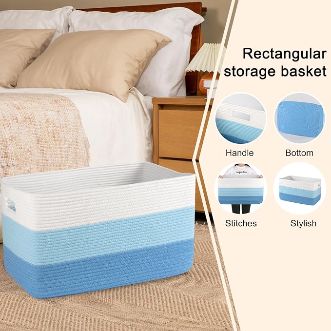 OIAHOMY Blanket Basket Laundry Basket Dog Toy Basket 75L Light Blue | Large Storage Basket,Baby Basket,Toy Storage,Woven Rope Basket for Blankets,Blanket Storage for Living Room