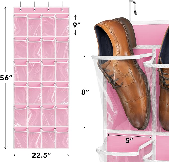 Simple Houseware 24 Pockets Large Clear Over the Door Shoe Organizer, Pink | 56" x 22.5", 4 Durable Metal Hooks, 5" x 9" Pocket Size, Multipurpose