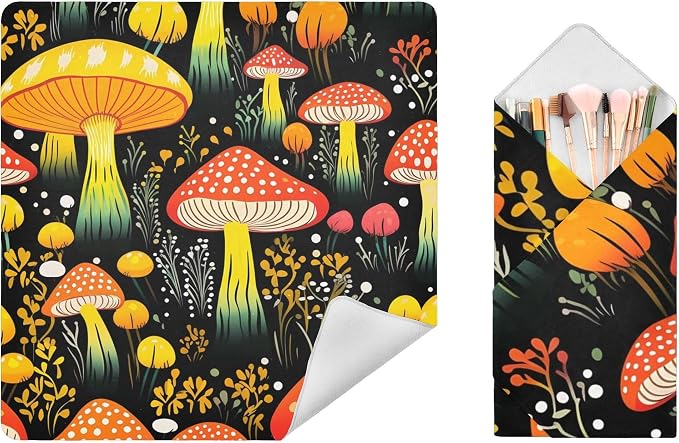 JIPONI Mushroom Fall Makeup Bag, Self-Adhesive Magic Wrap Cloth, Portable Cosmetic Organizer, Camera Lens Protector, Travel Storage for Beauty Essentials, 21.7"x21.7"