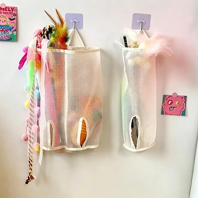 15.16" Cat Wand Toy Holder Organizer Storage Bag - Special Bottom Opening Design, Pet Kitten Stick Doy Toy Mesh Pockets for Cat Feather Teaser Toys Wall Hanging Basket Box Bin (Beige, Double)