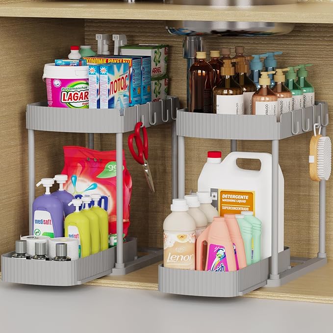 2 Packs Under Sink Pull-Out Storage Organizers, 12.8 Inches, Grey | Multi-Purpose Cabinet Organizers and Storage for Bathroom & Kitchen