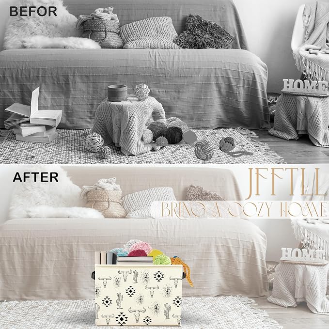 Western Storage Bins with Handles, Western Room Decor, Southwest Country Aztec Cactus Bull Skull Collapsible Laundry Basket Storage Box for Home Bedroom Bathroom Clothes Toys Books
