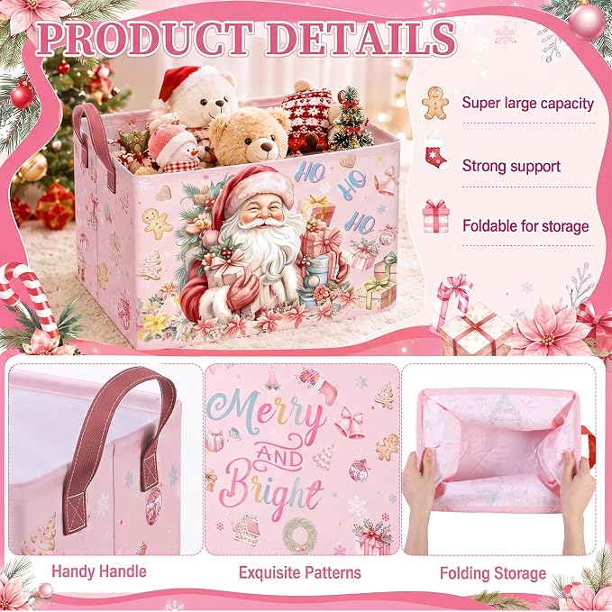 4 Pack Pink Christmas Storage Basket Collapsible Large Merry Christmas Santa Claus Storage Bins for Gifts Canvas Laundry Basket Foldable Box with Handle for Office Home Bedroom Clothes Toys