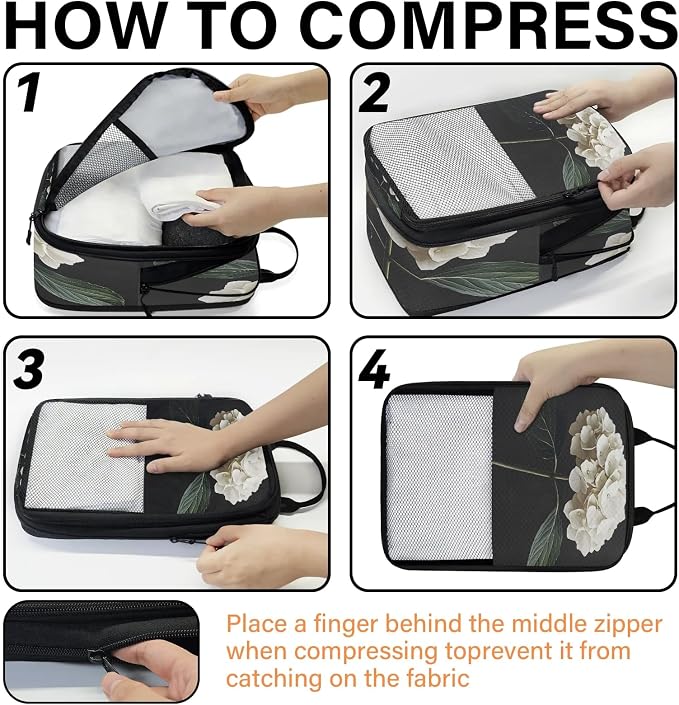 Hydrangea 6 Set Compression Packing Cubes Floral Expandable Packing Organizer for Travel Accessories Luggage Suitcase Bag