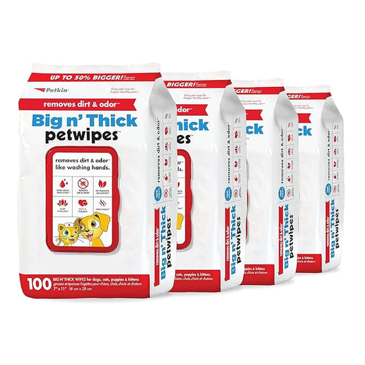 Petkin Pet Wipes for Dogs and Cats - 400 Large Wipes - Removes Dirt & Odor - Cleans Ears, Face, Butt, Eye Area - Convenient for Home or Travel - 4 Packs.