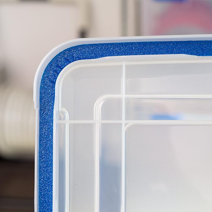IRIS USA 3-Pack 74 Qt Storage Bins with Gasket Lids, Clear/Blue | WeatherPro seal helps protect bulky items for moving, garage, attic and basement storage