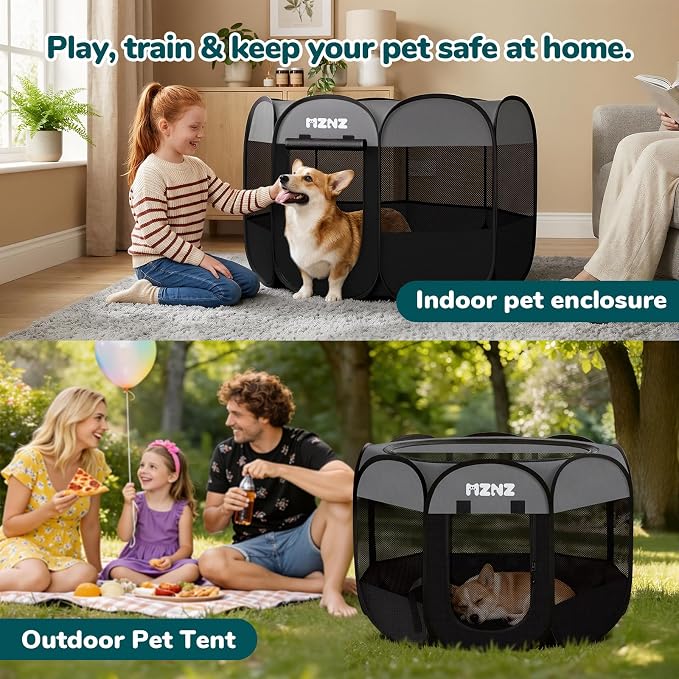 Dog Cat Small Animal Puppy Playpen Crate, Medium, Dark Grey | Portable Pop Up Pet Cage Enclosure Tent Kennel Indoor Outdoor with Carrying Case, No Assembly, Camping Use