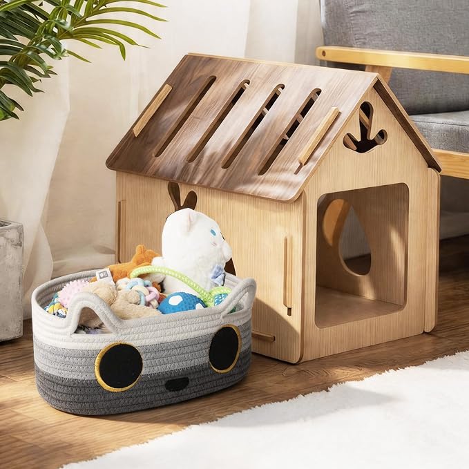Cat Toy Basket, Small Woven Cat Toy Storage Box with Cute Ear Handle Indoor, Cotton Rope Storage Bin with Embroidered Face for Home Decor, Pet Bed, Nursery Kids Room Organization, 3-tone Gray
