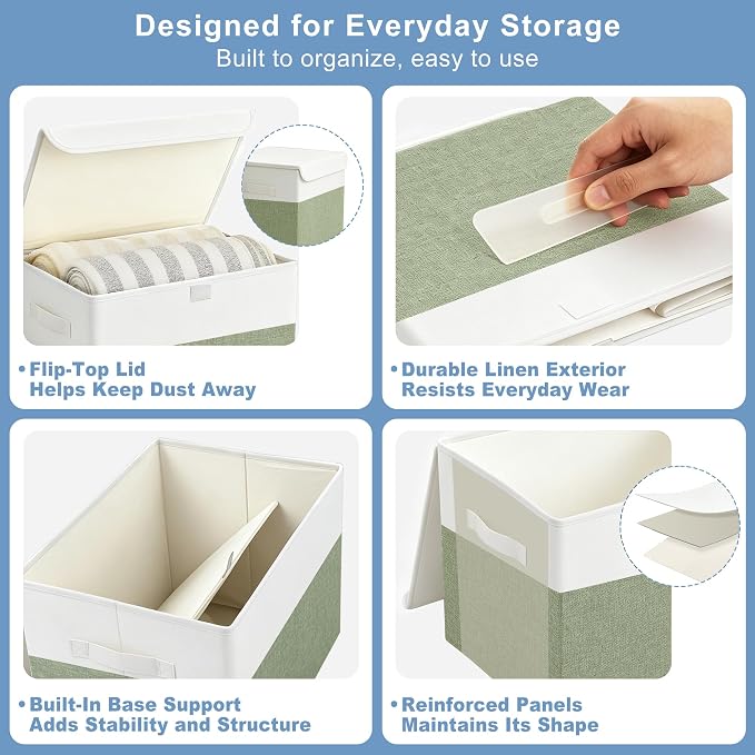 Large 22 Quart Linen Fabric Foldable Storage Bin Cube Organizer Basket with Flip-Top Lid & Handles, Clothes Blanket Box for Home, Office, Closet, Green & White, 4 Pack 14.6 x 9.5 x 9.5