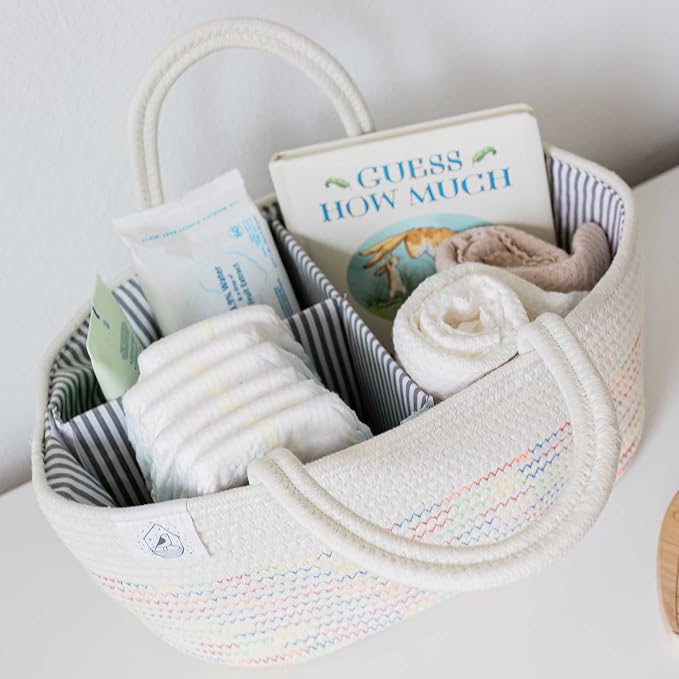 OrganiHaus Rope Diaper Caddy Organizer, Nursery Basket, Stitches Rainbow | Woven handles; a toy bin, laundry bin, or newborn essentials storage; great for car, baby shower gifts, or bedroom decor