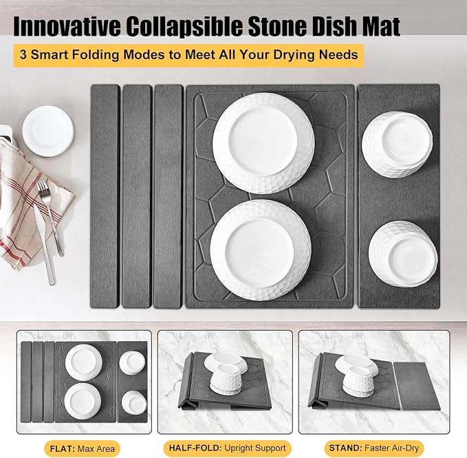 3-in-1 Collapsible Stone Dish Drying Mat for Kitchen Counter | Foldable Water Absorbing Diatomaceous Earth Drying Organizer Pad for Plate Rack Bottles Utensils (Gray - Hex Pattern, 24‘"x16")