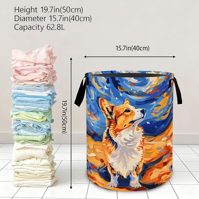 Whimsical Corgi Dog Laundry Basket,Dirty Clothes Hamper,Abstract Puppy and Starry Night Storage Bin Gifts,Waterproof Oxford Cloth Baskets for Bathroom,Bedroom,Home Decoration(19.7" x 15.7")