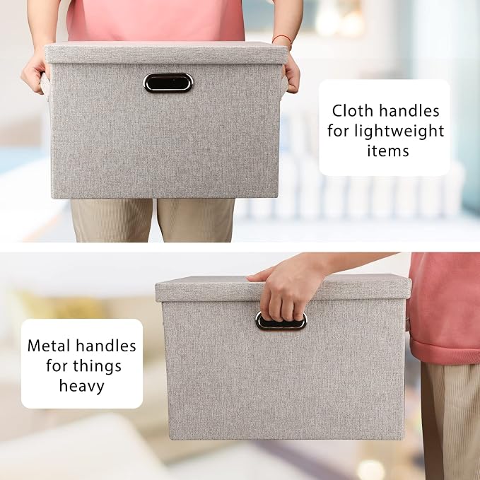 Graciadeco Large Quart Collapsible Stackable Storage Bins with Lids, 3 Packs Beige Linen Fabric Closet Boxes with Lids, Storage Cube Baskets Container Organizers for Bedroom Office(16.6 x 11.7 x 10.8) | 36 Quart 3 Pack Beige Collapsible Stackable Linen...