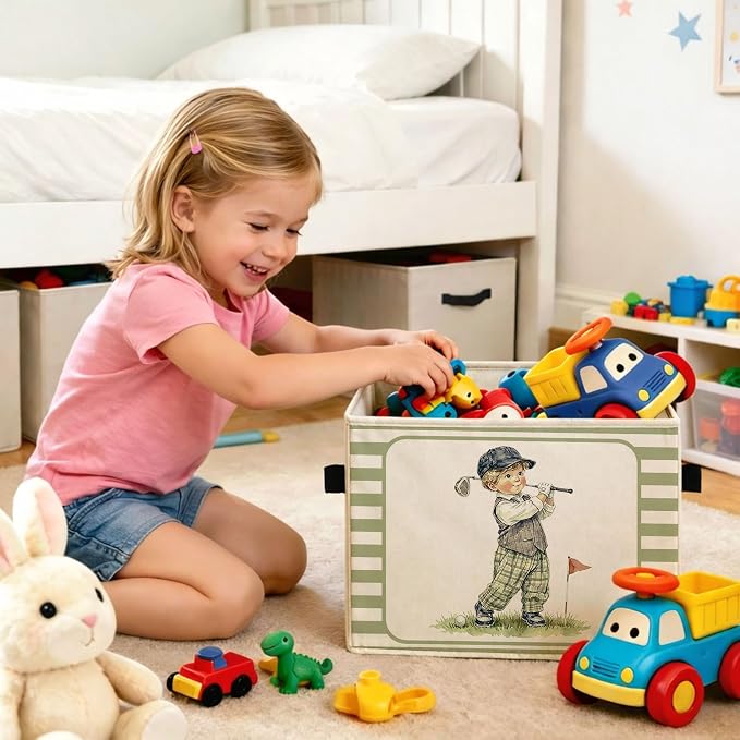 Golf Boy Storage Bin, Foldable Fabric Basket for Bedroom Nursery | Foldable fabric storage bin with little golfer design for toys, books, clothes, nursery, bedroom, and playroom organization.