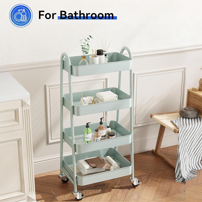 OLIXIS Metal 4 Tiers Rolling Storage Utility Cart with Lockable Wheels | Mobile Organizer Shelf, Space-Saving, Freestanding, Bathroom, Living Room, Slim, Narrow Corner Spaces, Green