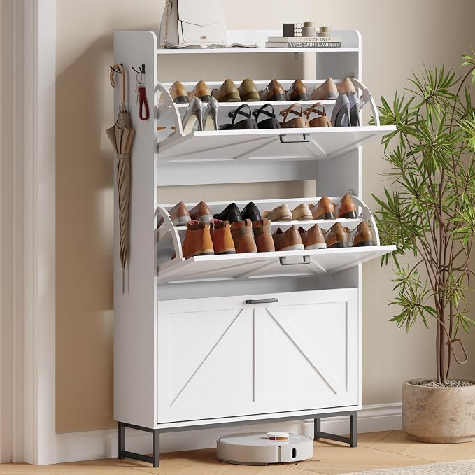Xixini Shoe Storage Cabinet with 3 Flip Drawers, Entryway Shoe Rack, White | Freestanding Narrow Shoe Storage, Hidden Slim Wood Shoe Organizer, Modern Farmhouse, Open Storage & Hooks for Closet, Hallway