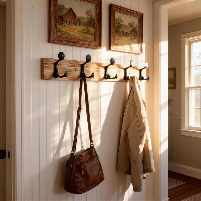 SKOLOO 30-Inch Wood Coat Rack Wall Mount with 5 Triple Hooks - Ideal for Family Entrances, Classrooms, and Pet Supplies Storage - Perfect Coat Hooks for Wall, Black on Natural