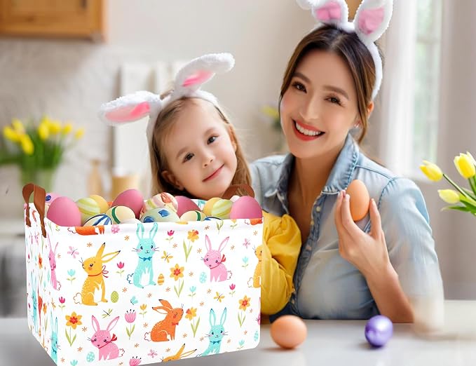 Large Rectangular Easter Baskets Empty Waterproof Boy Toy Box Foldable Kid's Gifts Storage Bin Spring Room Decor(Flower Rabbit Egg)
