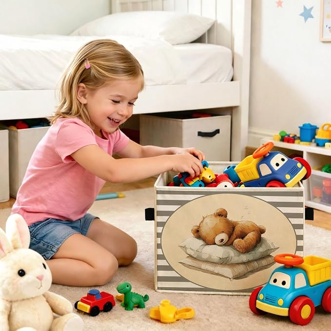 Sleeping Teddy Bear Gray Stripe Foldable Fabric Storage Bin | Sleeping teddy bear gray stripe design; foldable fabric storage bin for kids room, nursery, playroom, toys, books.