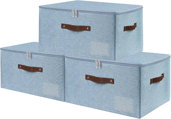 ANMINY Storage Box Fabric Bins with Zipper Lid, 17.7"x13.8"x10" Blue, 3PCS | Keepsake Box, Decorative, Cotton Linen, Reinforced PP Board Frame, Washable, Stackable & Foldable, Label Holder & PU Handles