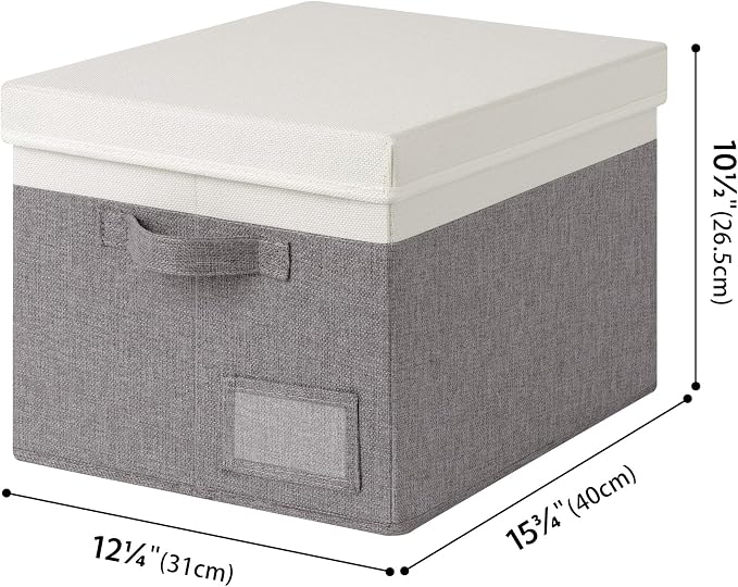 GRANNY SAYS Storage Bins with Lids, Decorative Storage Boxes with Lids | Storage Box with Dust Cover, Handles & Lable, Collapsible, Ideal for Closet Clothes Blanket Toys, Large, White&Gray, 3-Pack
