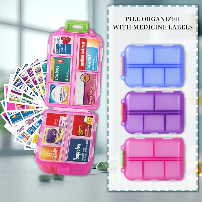 3 Pack Large Pill Organizers with Medicine Labels, Pink Blue Purple | Set of 3 large pill cases with 3x161 medicine labels for 7-day planning, family use, travel, and separate routines