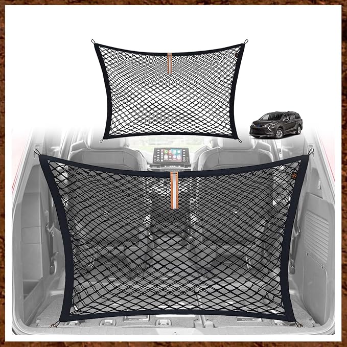 Muslogy Cargo Net for 2021-2025 2026 Toyota Sienna Accessories | Custom Fit, Trunk Storage Organizer Net for SUV Sedan Van Divider, with Heavy Duty Carabiners, Night Visible Grab Handle