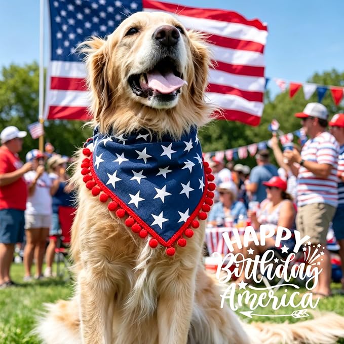 4th of July Dog Bandana, American Flag Star Pattern Holiday Triangle Scarf, Adjustable Snap Button Patriotic Neckwear for Large Breeds (30-75lbs)