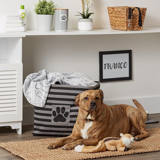Bone Dry Pet Storage Collection Striped Paw Patch Bin, Black, Large Rectangle