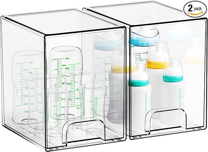 Yieach 7.5" High Stackable Storage Bins,2 Pack Bottle Station and Baby Bottle Storage Organizer for Countertop,Clear Acrylic Drawers for Pacifier,Breast Pump Parts,Storage Containers,Makeup and Lotion