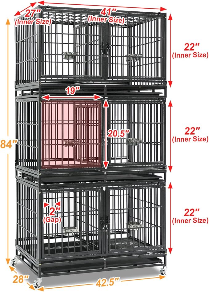 Homey Pet 3 Pack Three Tiers 43" Stackable Heavy Duty Double Dog Crate Bank | Commercial Modular Dog Kennel with Dual Front Doors, Divider, Auto Locks, Removable Tray, Bowls for Small and Medium Dogs