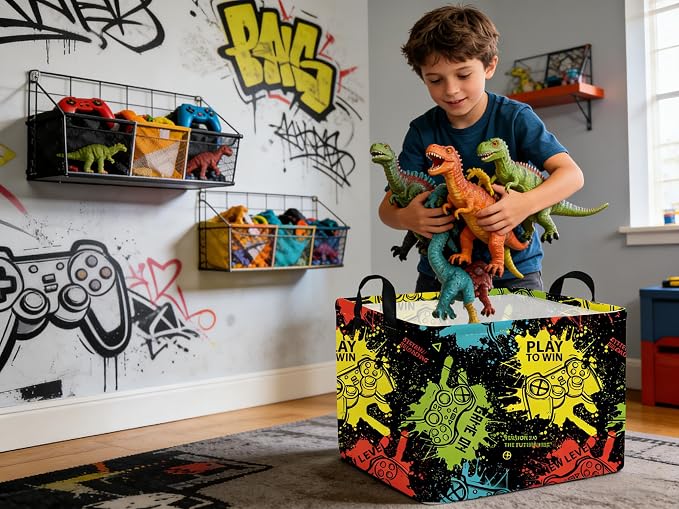 Rectangular Kids Storage Basket,Game Basket for Boys Kids,Waterproof foldable storage baskets,Game Bin,Gift Baskets,Boys Room Decor(Games)
