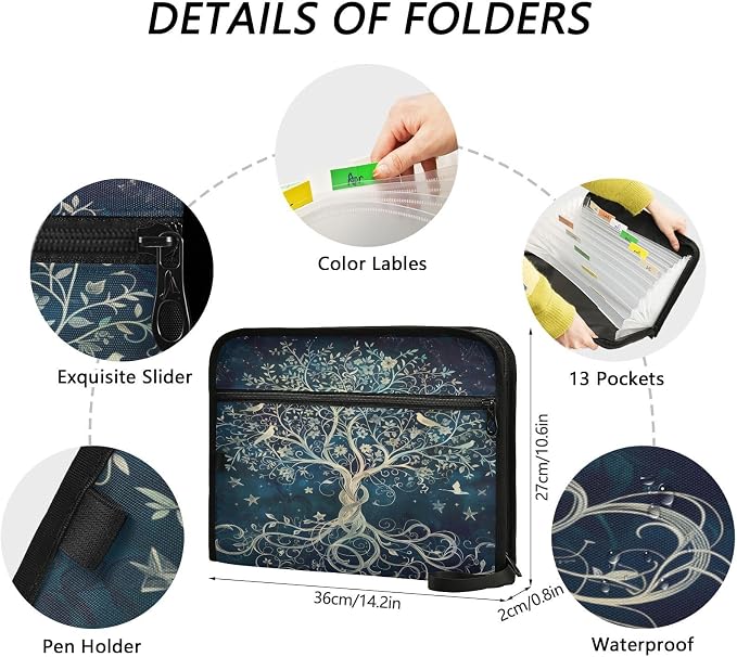 13 Pocket Zipper Expanding File Folder A4 Tree of Life | Accordion File Organizer with Front Pouch A4 Letter Size Portable Folders for Documents Receipt School Office Supplies