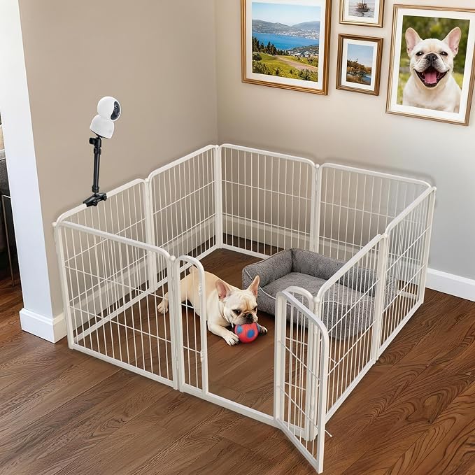 FXW Homeplus Indoor Dog Playpen with Camera Mount, 24" H, 8 Panels | Calm Indoor Play Area, Wider Viewing Angles with Stable Support, for Puppies & Small Dogs, Patented