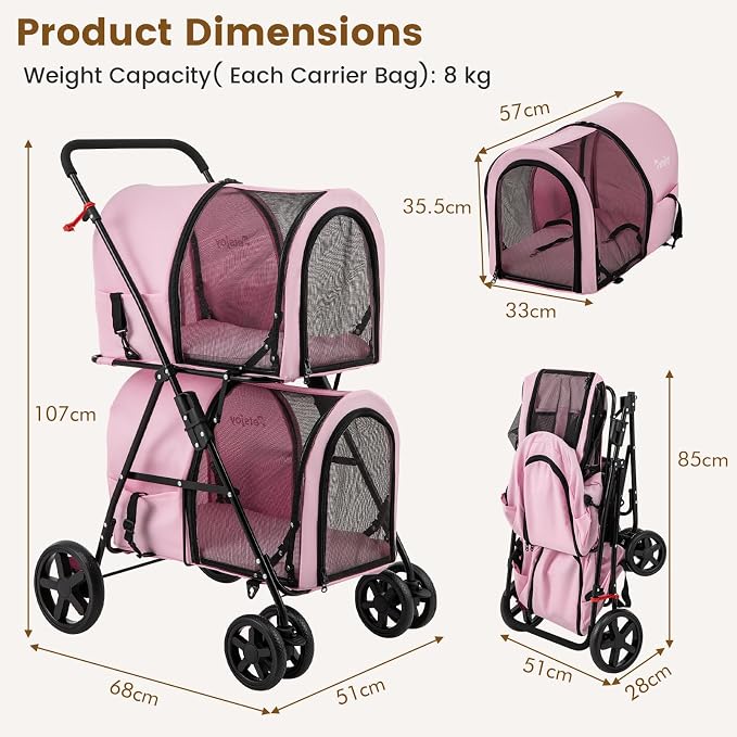 PETSITE Double Dog Stroller, Foldable Pet Stroller for 2 Dogs & Cats Small Medium Sized with Detachable Carrier on Wheels, Ideal for Car Seat Walking Camping Travel (Pink)