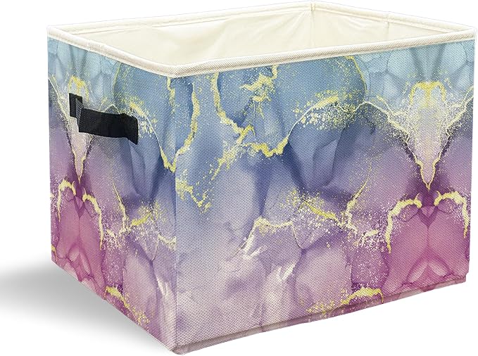 Blue Purple Marble Storage Bins with Handles, Abstract Modern Glitter Marble Texture Collapsible Laundry Basket Storage Box for Home Bedroom Bathroom Clothes Toys Books