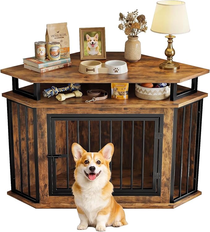 IRONCK 43.3" Corner Dog Crate Furniture with 2-Tier Shelves Rustic Brown | 10mm thickened iron frame. 180 lb tabletop. 23.6"L x 43.3"W x 32"H. Space-Saving Indoor crate for small dogs