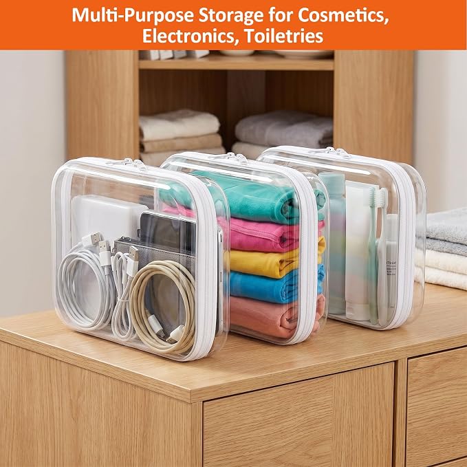 3 PCS Clear Hard Shell Zipper Case, Hard Plastic Zipper Pouches, Diaper Bag | Toy Organizer, Resistant, Storage Organizer Box for Travel, Makeup Bag, Toiletry Bag, Electronics, Pencil Pouches