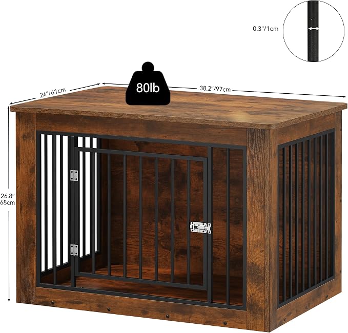 YITAHOME 38" Dog Crate Furniture 2-in-1 Iron-Wood Fusion up to 60 lb | Modern Dog Kennel Indoor Side End Table with Waterproof Top, Safety Corners, Steel Lock, Rustic Brown