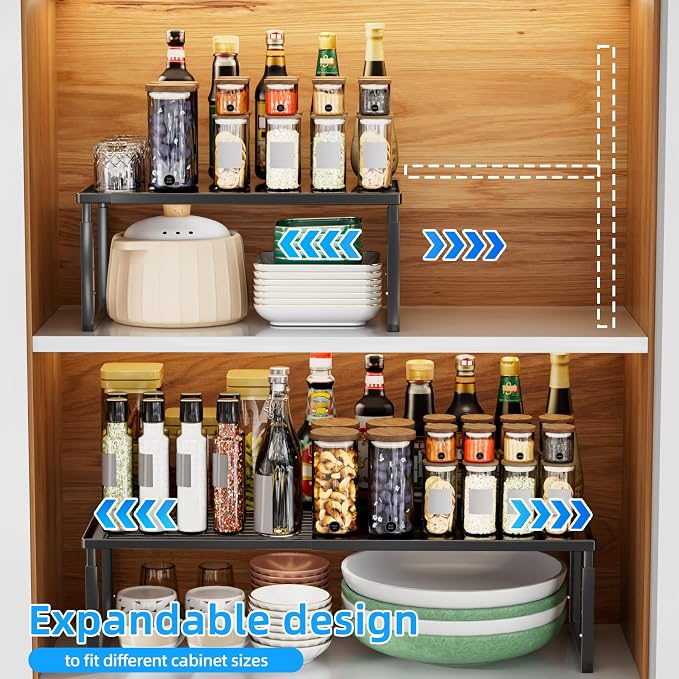 Cabinet Shelves, 4 Pack Stackable Shelves for Pantry Storage | Expandable & Height Adjustable Cabinet Organizer Shelf | Metal Shelf Organizer | Black Spice Rack for Pantry Storage