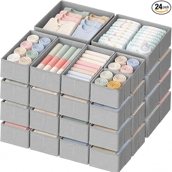 Drawer Organizer Clothes, 24 Pack Dresser Organizer for Baby Clothes, Underwear, Sock- Foldable Closet Organization and Storage Dividers Bins for Nursery, Bedroom and Dorm (Grey)