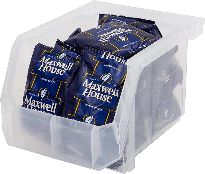 Medium-Tall Stackable Plastic Storage Bins, 4-Pack, Clear | Open-Front Stackable Bins For Garage, Pantry, Closet & Office, 7"L X 11"W X 8"H, Nests When Empty, Durable Plastic