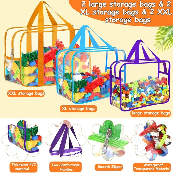 6 Color Toy Storage Bags with Labels, Reusable Clear PVC Board Game Storage, Travel Waterproof Organizer Bags with Zipper Large Capacity (L, XL, XXL)