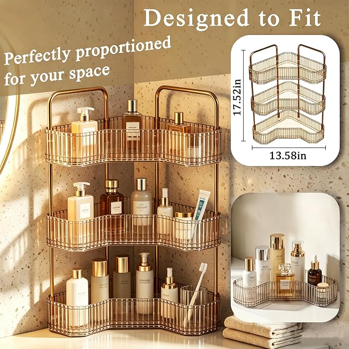 3-Tier Corner Bathroom Organizer, Skincare Vanity Counter Shelf Orange | Premium PET Perfume Display Stand with Gold Metal Rods, Space-Saving 90 Degree Storage Rack for Dresser